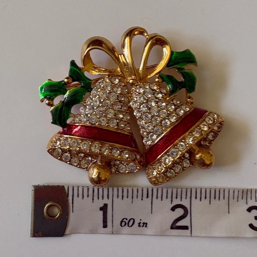 Christmas Bell Brooch Gold Tone Rhinestone Enamel Holly Holiday Pin